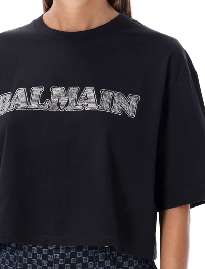 Shop Balmain Cropped Tshirt Logo Strass In Nero