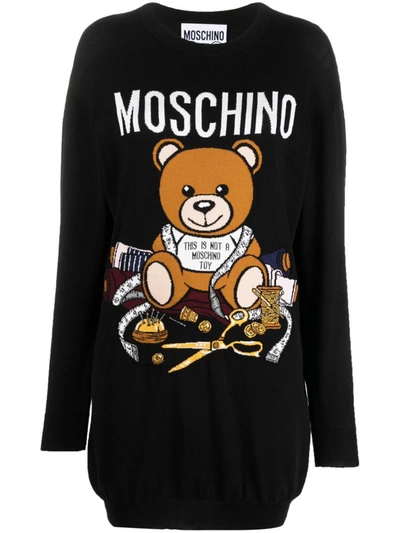 Shop Moschino Intarsia Cotton Knit Mini Dress In Black