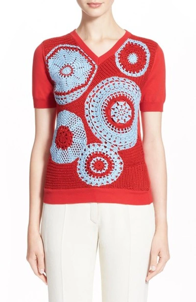 Shop Nina Ricci Hand Crocheted Cotton Sweater In Red/sky Blue