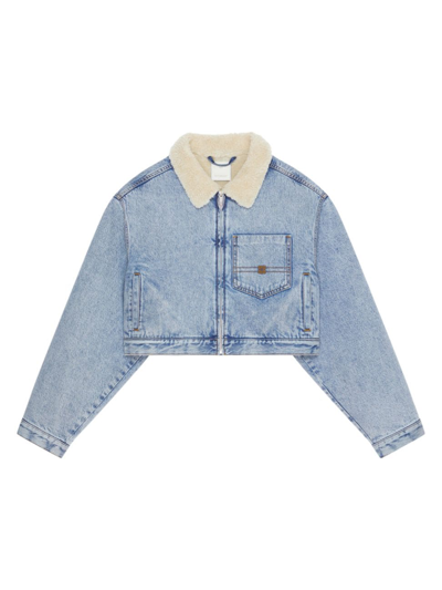 Shop Givenchy Women's Cropped Jacket In Denim And Shearling-effect Collar In Light Blue