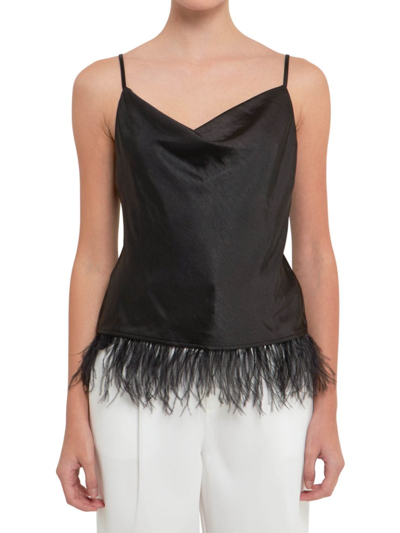 Shop Endless Rose Women's Satin Cowl Neck Top With Feather In Black