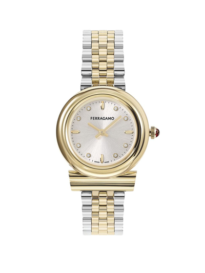 Shop Ferragamo Women's Gancini Diamond & Two-toned Stainless Steel Bracelet Watch/28mm In Two Tone Yellow Gold