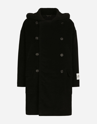 Shop Dolce & Gabbana Fustian Coat With Shearling Hood In Black