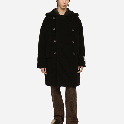 Shop Dolce & Gabbana Fustian Coat With Shearling Hood In Black