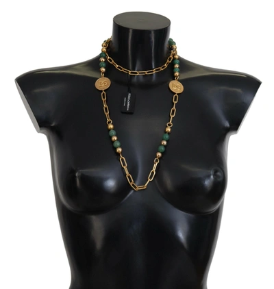 Shop Dolce & Gabbana Gold Brass Natural Gem Beaded Logo Chain Women's Necklace