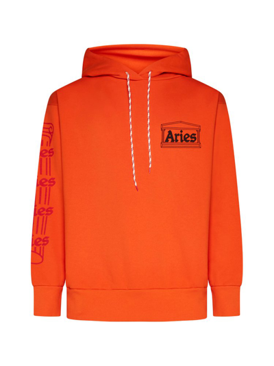 Shop Aries Logo Printed Drawstring Hoodie In Orange