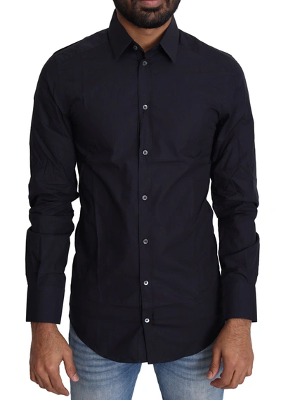 Shop Dolce & Gabbana Navy Blue Cotton Formal Dress Men's Shirt In Black
