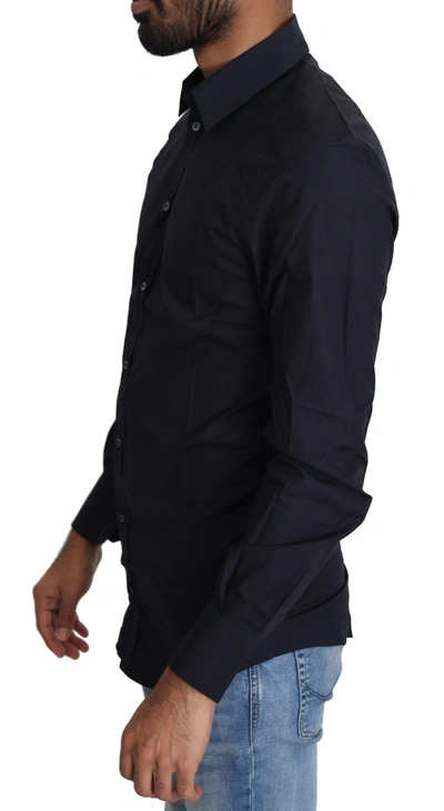 Shop Dolce & Gabbana Navy Blue Cotton Formal Dress Men's Shirt In Black