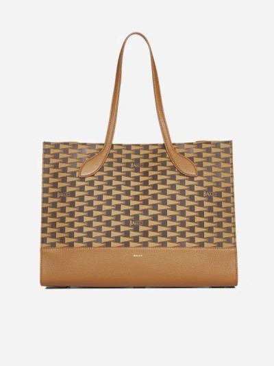 Shop Bally Pennant Leather And Monogram Canvas Tote Bag In Tan,brown