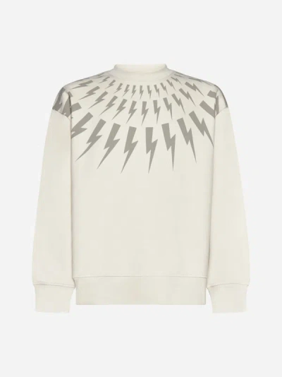 Shop Neil Barrett Fairisle Thunderbolt Cotton Sweatshirt In Dark Ivory