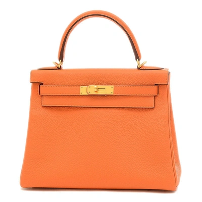 Shop Hermes Hermès Kelly 25 Orange Leather Handbag ()