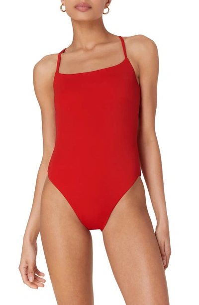 Shop Andie The Fiji Lace-up Back Long Torso One-piece Swimsuit In Cherry Red