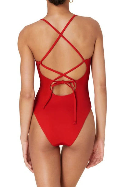 Shop Andie The Fiji Lace-up Back Long Torso One-piece Swimsuit In Cherry Red