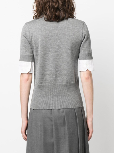 Shop Thom Browne Jersey Stitch Organza Round Collar Shirt Ss V Neck Cardigan Combo In Wool With Rwb Satin Ribbon T