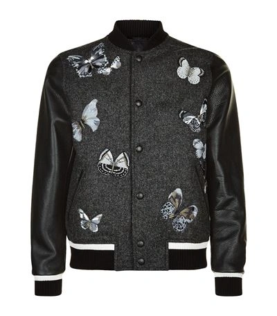 talsmand Optimisme venskab Valentino Embroidered Butterfly Wool And Leather Bomber Jacket In Grey |  ModeSens