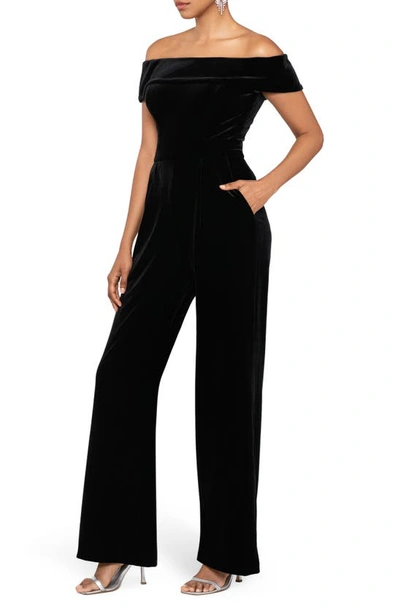 Shop Xscape Off The Shoulder Velvet Jumpsuit In Black