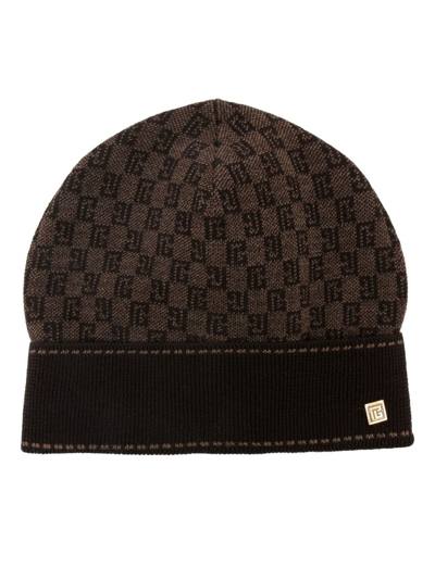 Shop Balmain Brown Monogram Merino Wool Beanie Hat