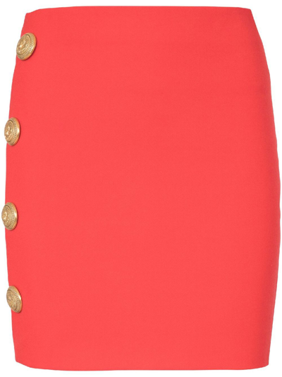 Shop Balmain Button-embellished Wool Mini Skirt - Women's - Virgin Wool In Red