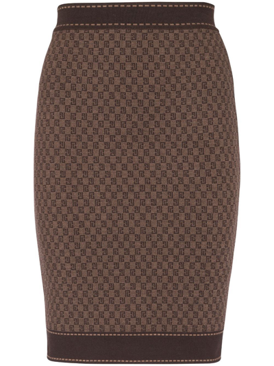 Shop Balmain Brown Monogram-jacquard Wool-blend Skirt