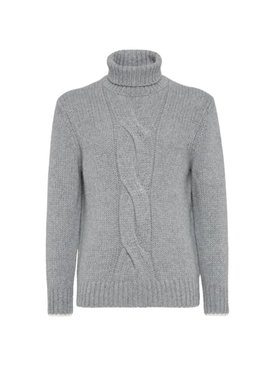 Shop Brunello Cucinelli Men's Cashmere Cable Turtleneck Sweater In Lead