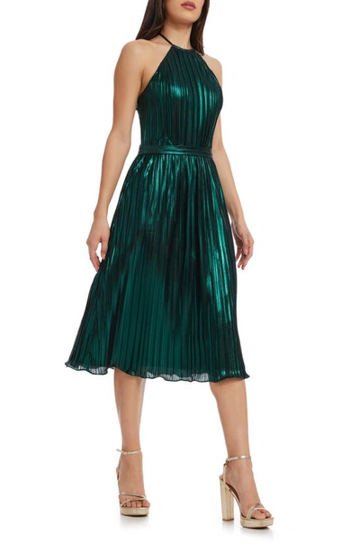 Shop Dress The Population Hannah Pleated Metallic Halter Dress In Deep Emerald