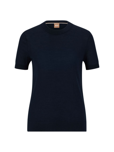 Shop Hugo Boss Women's Short-sleeved Sweater In Merino Wool In Dark Blue