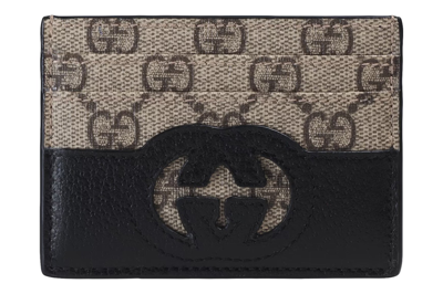 Pre-owned Gucci Card Case With Cut-out Interlocking G Beige/ebony