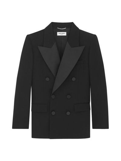 Shop Saint Laurent Men's Double-breasted Tuxedo Jacket In Grain De Poudre In Black
