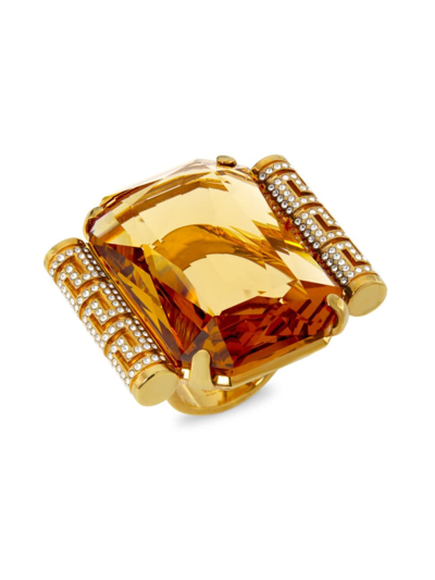 Shop Versace Women's Greca Goldtone & Glass Crystal Cocktail Ring In Gold Topaz