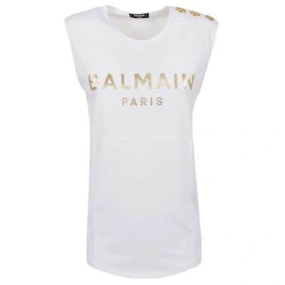 Shop Balmain Women's Branded Logo Sleeveless Tank T-shirt In White