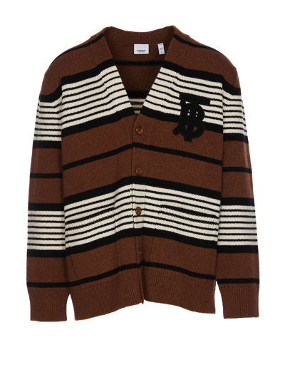 Shop Burberry Striped Motif Oversize Cardigan In Brown