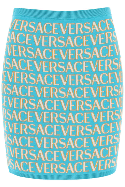 Shop Versace Monogram Knit Mini Skirt In Turchese