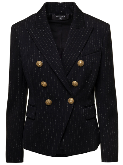 Shop Balmain Black Double-breasted Jacket With Lurex Details And Jewel Buttons In Wool Woman