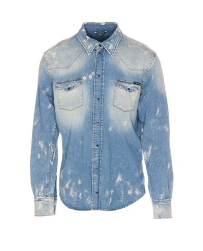 Shop Dolce & Gabbana Bleached Denim Shirt In Blue
