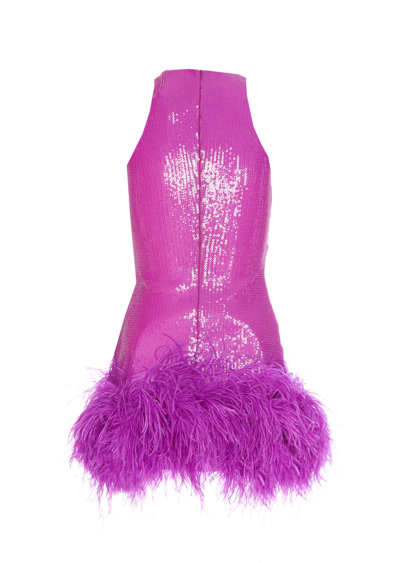 Shop David Koma Mini Sequins Dress With Feathers In Purple