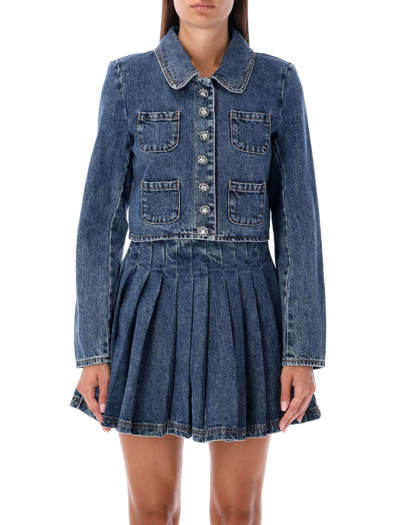 Self-portrait Crystal-embellished Cropped Denim Jacket In Blue | ModeSens