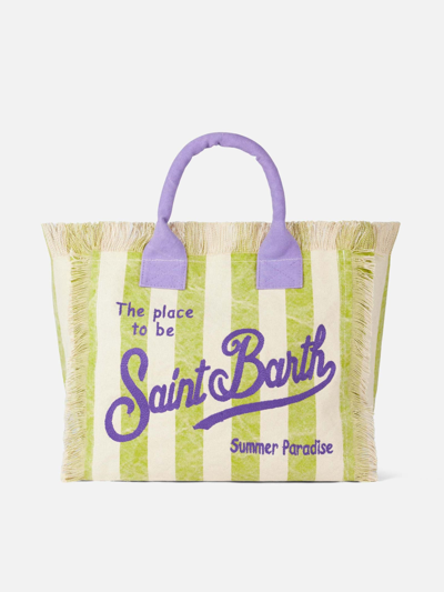 Shop Mc2 Saint Barth Vanity Canvas Shoulder Bag With White And Acid Green Stripes