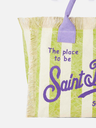 Shop Mc2 Saint Barth Vanity Canvas Shoulder Bag With White And Acid Green Stripes