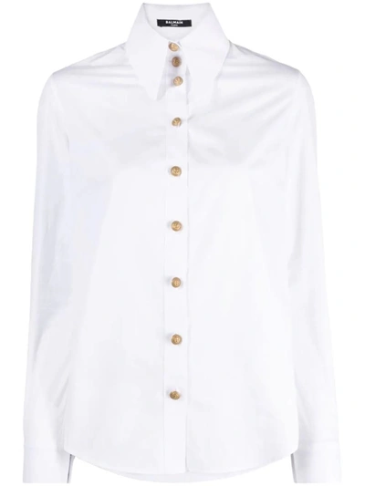 Shop Balmain Cotton Shirt With Turndown Collar In White
