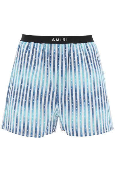 Shop Amiri Striped Poplin Shorts In White, Blue, Light Blue