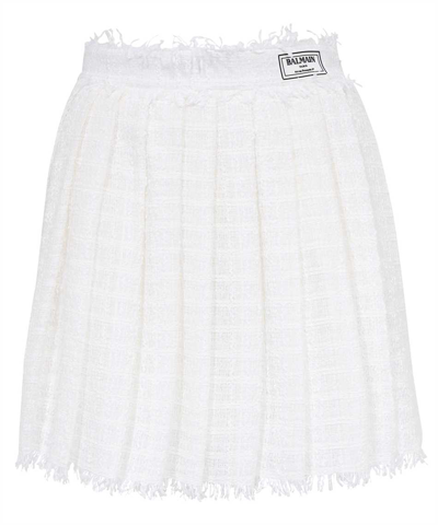 Shop Balmain Fringed Tweed Skater Skirt In White