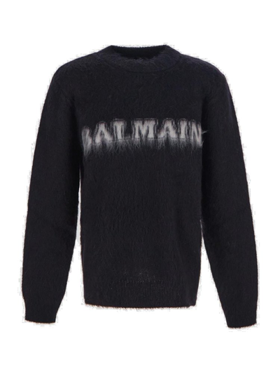 Shop Balmain Retro Logo Intarsia Jumper In Black
