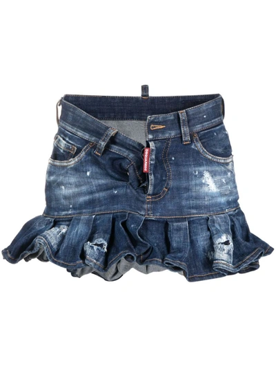 Shop Dsquared2 Distressed-effect Pleated Denim Skirt In Navy Blue