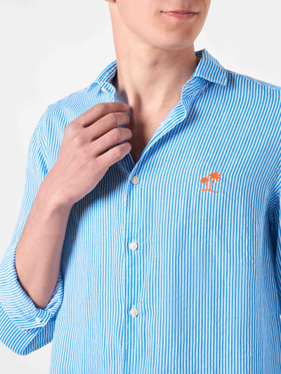 Mc2 Saint Barth Man Striped Linen Pamplona Shirt In Sky