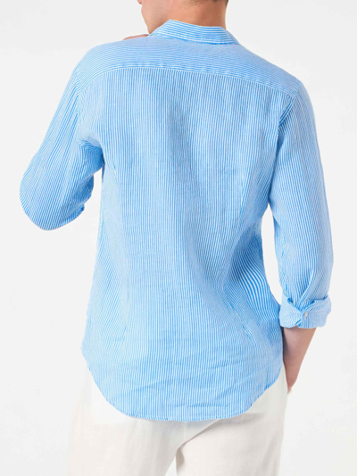 Mc2 Saint Barth Man Striped Linen Pamplona Shirt In Sky