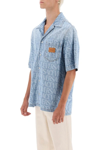 Shop Versace Americana Fit Short Sleeve Denim Shirt In Blue