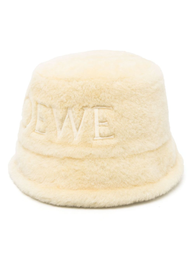 Shop Loewe White Logo Embroidered Shearling Bucket Hat In Yellow
