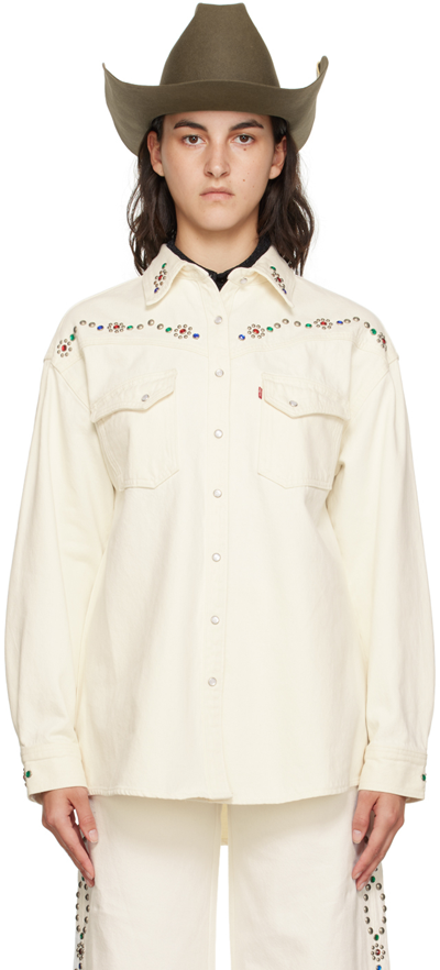 Shop Anna Sui White Studded Denim Shirt