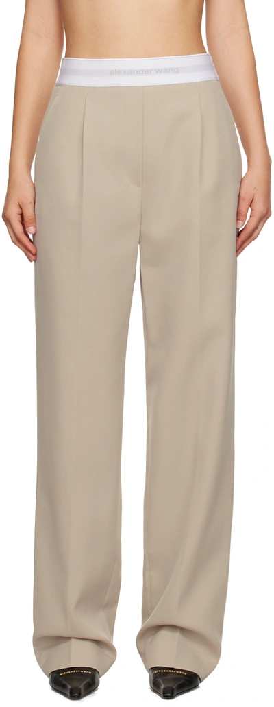 Shop Alexander Wang Beige High Waisted Pleated Logo Elastic Trousers In 279 Feather