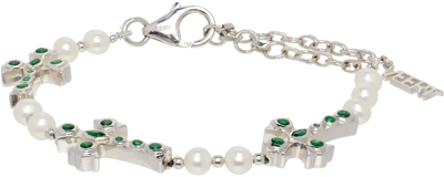 Shop Veert White Gold Pearl & Cross Bracelet In 925 Silver / Pearl